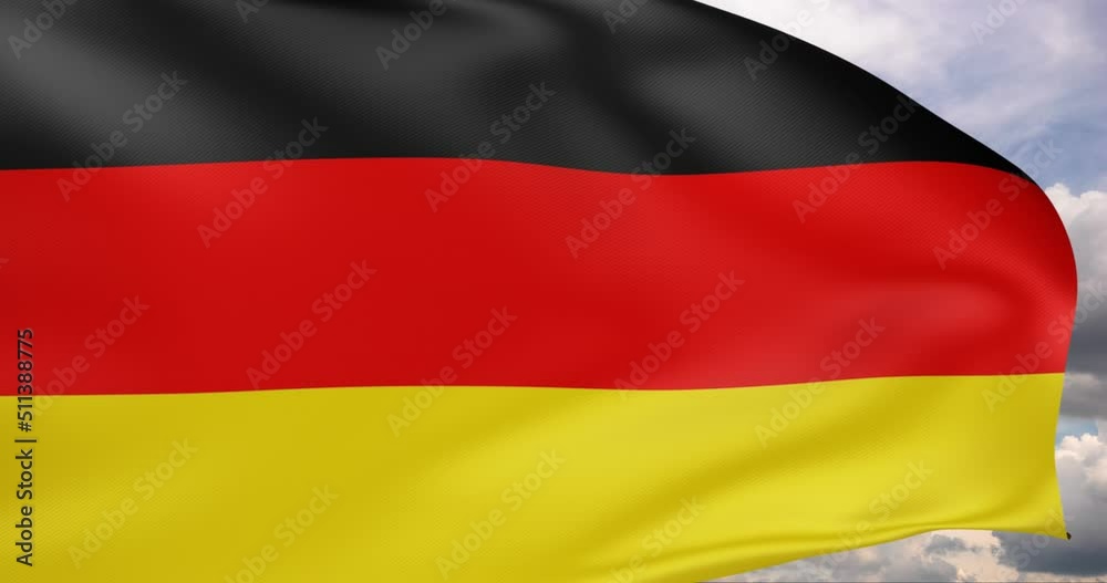 The flag of Germany flutters in the wind against a cloudy sky. 3D rendering 4K. The flag of Germany flutters in the wind against a cloudy sky. 3D rendering 4K.