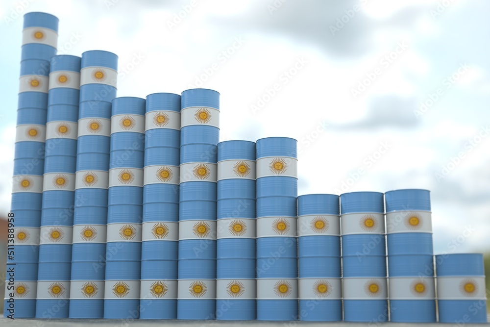 Oil barrels with flag of Argentina form downward trend. Petroleum industry problems concept, 3D rendering