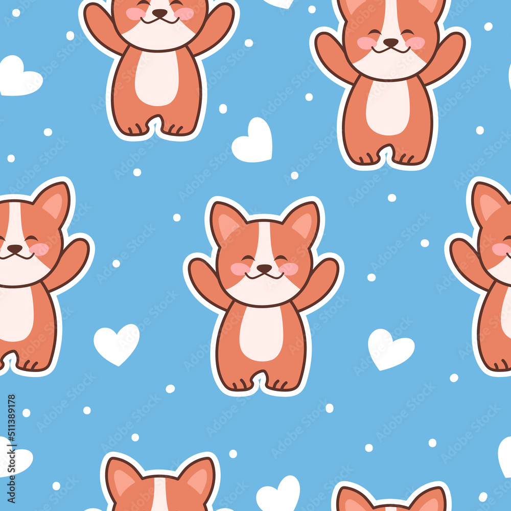 Happy red dog and hearts. Seamless vector pattern on blue background.