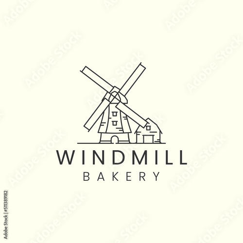 windmill and barn farm with linear style logo icon template design. bakery, electric ,wheat, rice vector illustration