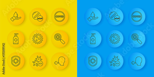 Set line Shield protecting from virus, Bottle of liquid antibacterial soap, Virus, Man coughing, under magnifying glass, Washing hands with, Corona covid-19 and Medicine pill tablet icon. Vector