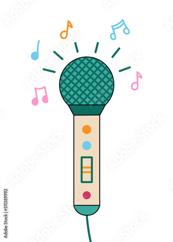Children's song microphone for karaoke. Funny cartoon illustration of kids musical toy isolated on white background