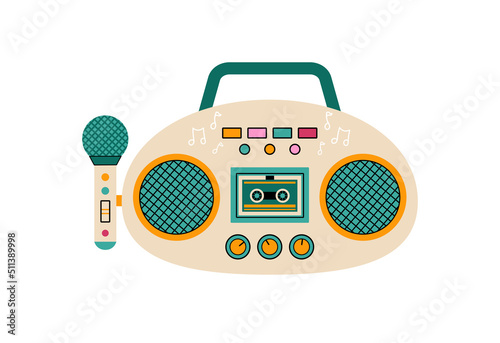 Kids musical toy. Tape Recorder, cassette player drawn in cartoon style and isolated on white background. Cute vector illustration