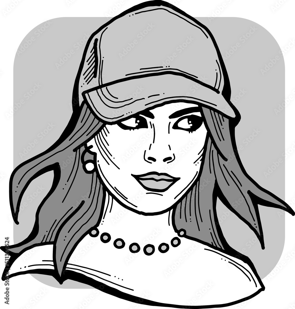 Beautiful girl wear sporty baseball cap. Pretty woman with attractive face, bright eyes and lips. Fashion model dress summer hat. Hand drawn vector illustration. Cartoon character monochrome drawing. Beautiful girl wear sporty baseball cap. Pretty woman with attractive face, bright eyes and lips. Fashion model dress summer hat. Hand drawn vector illustration. Cartoon character monochrome drawing.