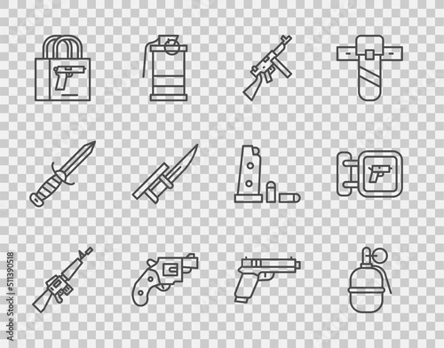 Print op canvas Set line M16A1 rifle, Hand grenade, Tommy gun, Small revolver, Buying pistol, Bayonet on, Pistol or and Hunting shop weapon icon