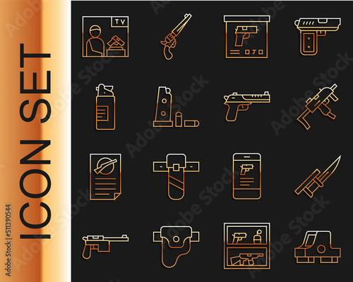 Set line Collimator sight, Bayonet on rifle, MP9I submachine gun, Military ammunition box, Gun magazine and bullets, Weapons oil bottle, Advertising weapon and Desert eagle icon. Vector
