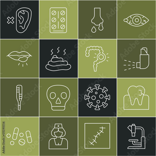 Set line Microscope, Tooth with caries, Inhaler, Runny nose, Shit, Herpes lip, Deaf and Gut constipation icon. Vector