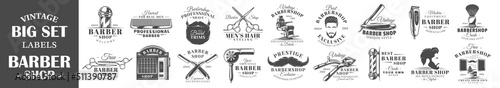 Set of vintage barbershop labels. Templates for the design of logos and emblems. Collection of barbershop symbols: shaver, haircut, beard. Vector illustration