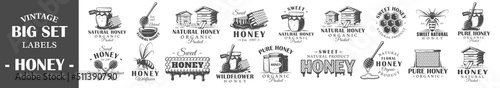 Set of vintage honey labels. Templates for the design of logos and emblems. Collection of honey symbols: bee, beehive, honeycomb. Vector illustration