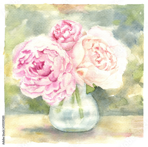 Watercolor drawing peony bouquet in the glass vase on the background with spots (ID: 511391381)