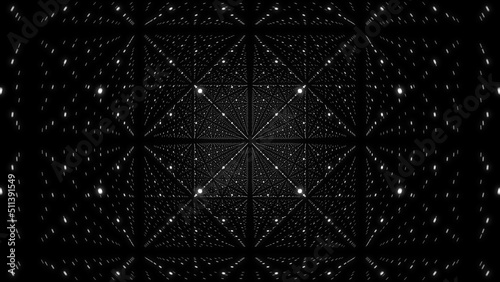 White wireframe matrix cube for future innovation digital concept. Abstract futuristic structure with dots. Rectangular percpective background with nodes on a grid. Virtual reality illustration with