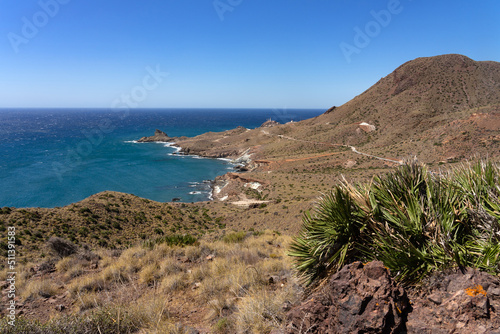 Panoramic view of cliffs and beaches in the Gata Cape Natural Park coast near San José. Almería, Andalucía, Spain.