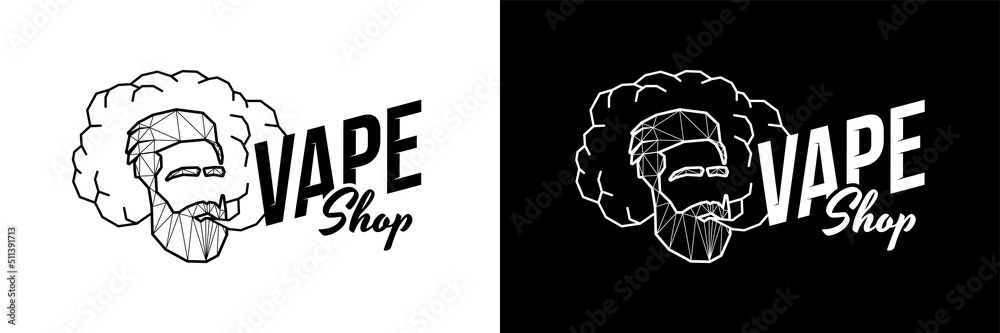 Fototapeta Vape shop polygonal logo. Hipster exhales vaporizer smoke cloud. Linear abstract triangle low poly style logotype for electronic cigarette store. E-cigarette vaping seller badge vector design template