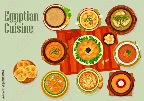 Egyptian cuisine Ramadan dishes, vector Arabian food of meat, vegetable, bean and fish. Lentil, tomato and trotter soups with sesame bread kesra, eggplant salad zaalouk and broad bean soup bissara