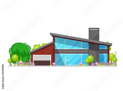 Luxurious modern house with car garage and large windows, vector home exterior. Luxury modern townhouse apartments or villa cottage and mansion, loft lodge building and suburban architecture facade
