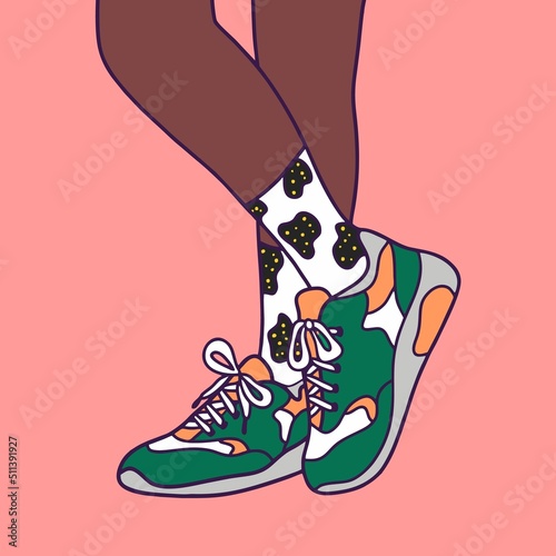 Women's legs in sneakers. Style, street fashion. Template for sales, poster. Flat design, cartoon hand drawn, vector.