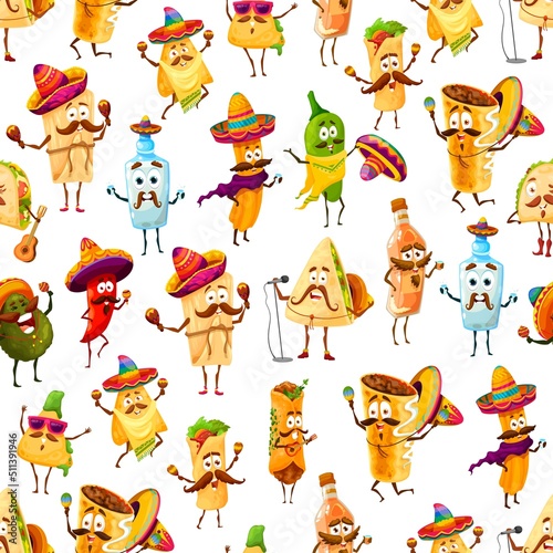 Mexican cartoon Tex Mex food characters seamless pattern, vector background. Mexican cuisine food and drinks pattern of funny burrito, taco and tequila in sombrero with guitar and maracas on fiesta