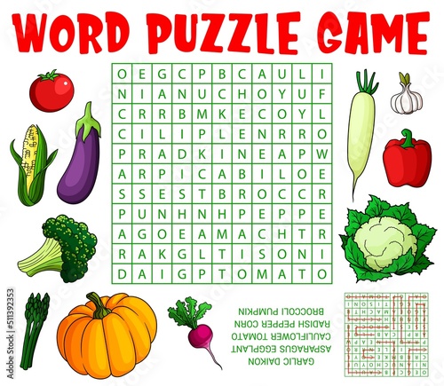 Cartoon raw vegetables, word search puzzle game worksheet, vector kids quiz. Crossword grid riddle game to find words of garlic, asparagus or eggplant and cauliflower with broccoli and pumpkin