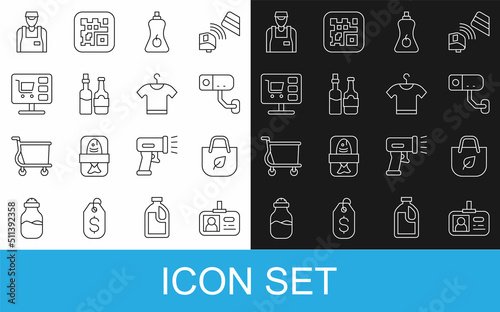 Set line Identification badge, Shopping bag with recycle, Security camera, Sauce bottle, Whiskey, cart computer, Seller and T-shirt icon. Vector