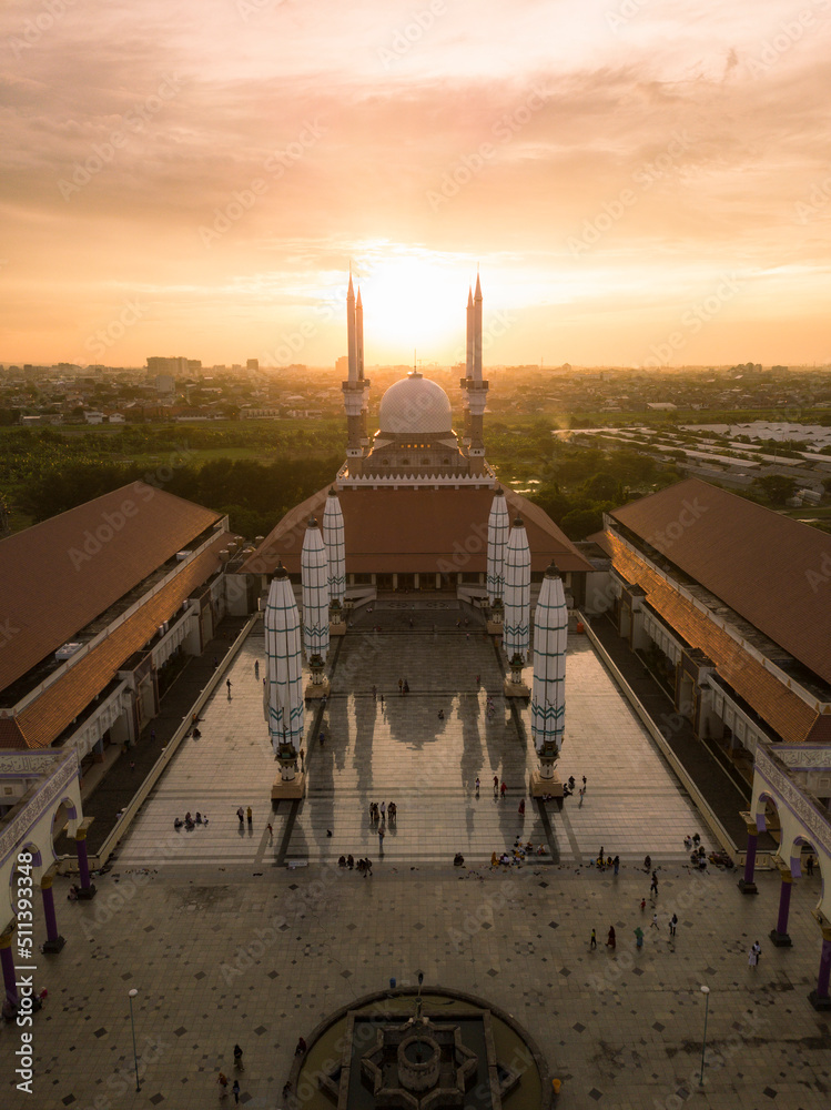 Beautiful great mosque which have towers nad big hall with orange ...