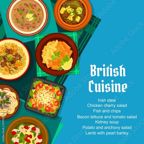 British cuisine menu cover. Potato and anchovy salad, fish with chips and lamb with pearl barley, kidney soup, Irish stew and tomato salad with bacon lettuce, chicken cherry salad