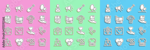 Set line Clothes donation, Medicine pill or tablet, Book, Shovel, Free overnight stay house, Blood, Volunteer and Humanitarian aid icon. Vector