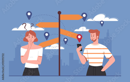 People choosing pathway. Man with smartphone and woman next to signs and tablets. Navigation and GPS, tourists get lost and look at map, looking for direction. Cartoon flat vector illustration