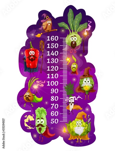 Kids height cartoon vegetable magicians and wizards growth meter. Vector funny veggies bell pepper, potato, kohlrabi and olive with artichoke, radish and broccoli. Chinese cabbage and onion fairy wiz