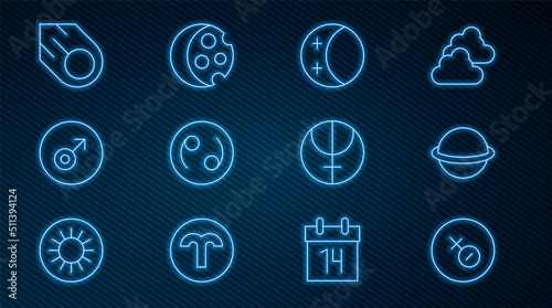 Set line Venus symbol, Planet Saturn, Eclipse of the sun, Cancer zodiac, Mars, Comet, Neptune planet and icon. Vector