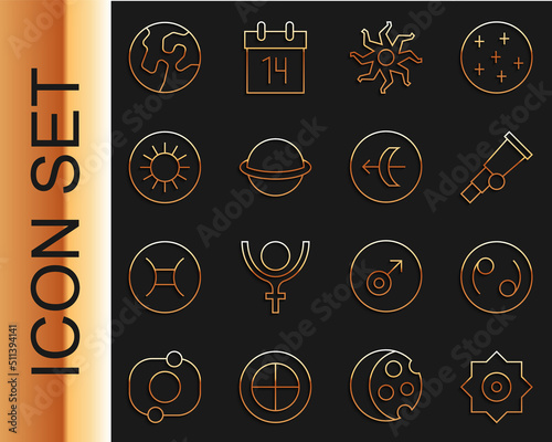 Set line Falling star, Cancer zodiac, Telescope, Sun, Planet Saturn, Earth globe and Sagittarius icon. Vector