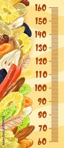 Dried fruits and snacks, kids height chart ruler, vector growth measure meter. Baby tall size ruler or child height measure scale with dried fruits, prunes and apricots, pineapple and sweet dates