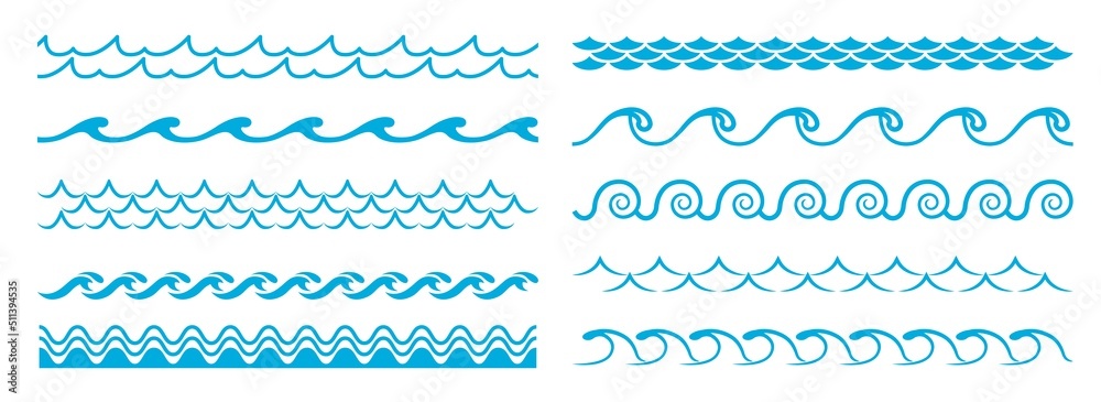 Ocean blue wave line, water pattern borders and frames. Vector sea wave dividers with wavy ornaments of stormy water, nautical frame lines of summer beach surf curves and swirls, page embellishments