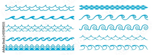 Ocean blue wave line, water pattern borders and frames. Vector sea wave dividers with wavy ornaments of stormy water, nautical frame lines of summer beach surf curves and swirls, page embellishments