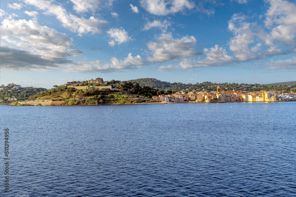 Panoramic shot of the historic old town, castle and port of Saint-Tropez, France, on the French Riviera Cote d'Azur along the Mediterranean Sea. Panoramic shot of the historic old town, castle and port of Saint-Tropez, France, on the French Riviera Cote d'Azur along the Mediterranean Sea.