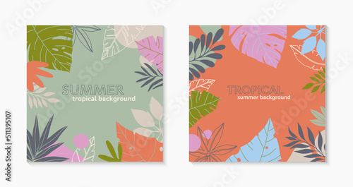 Summer vector illustrations in trendy flat style with copy space for text.Abstract backgrounds with tropical leaves,plants.Tropical banners for social media,posters,prints.Cover design templates.