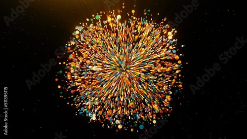 Colorful particles disappear in center of space. Motion. Temporary disappearance of colorful particles in explosion. Rewind of explosion disappearing at point in outer space