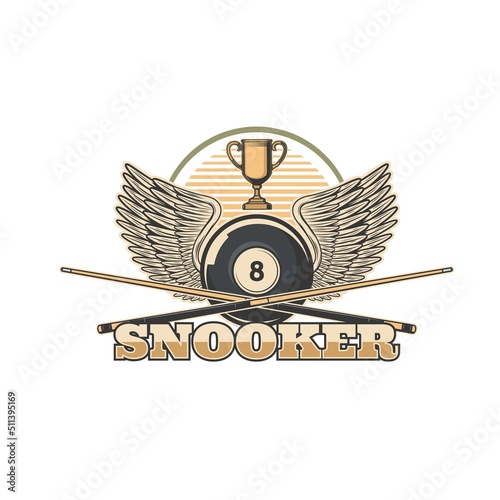 Snooker icon of vector sport game cues and balls with wings, championship cup and gold trophy. Billiards player club, pool room and snooker competition tournament isolated symbol