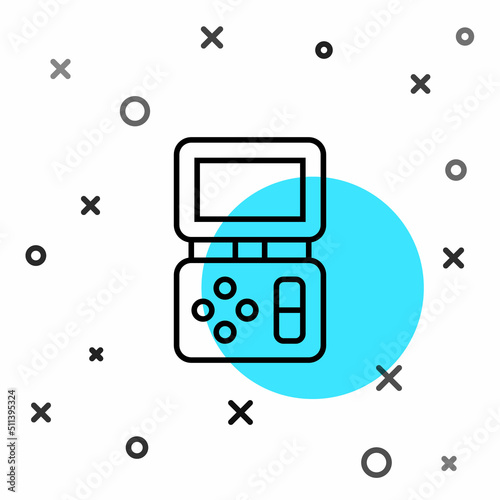 Black line Portable tetris electronic game icon isolated on white background. Vintage style pocket brick game. Interactive playing device. Random dynamic shapes. Vector