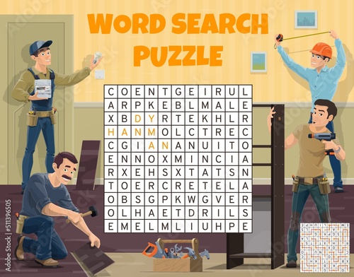 Electrician engineer, worker and builder word search puzzle, vector game worksheet. Search and find word grid or riddle quiz with handyman tools, hammer and ruler, screwdriver and repairman drill