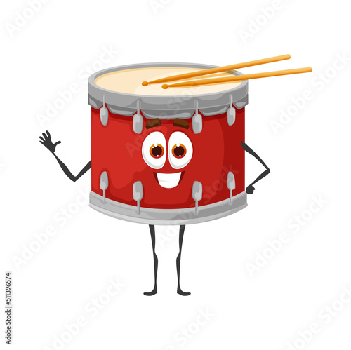 Cartoon funny drum character with sticks, isolated vector percussion instrument. Funny fairy tale musical personage with drumsticks. Music school, educational classes for kids, performance or concert