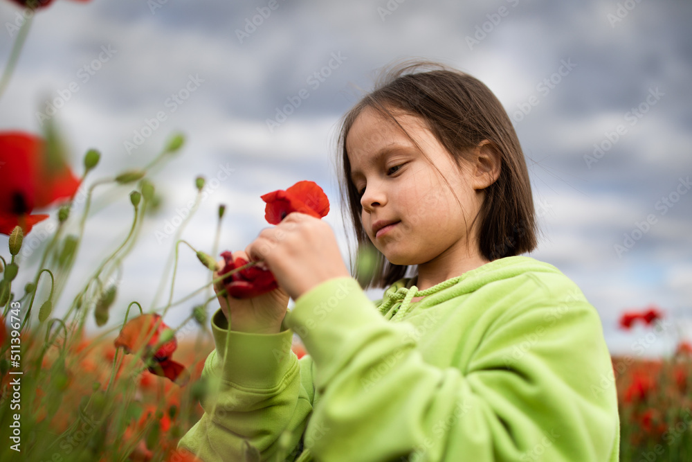 Portrait of little girl smiling and standing against poppies field on summer cloudy day Portrait of little girl smiling and standing against poppies field on summer cloudy day