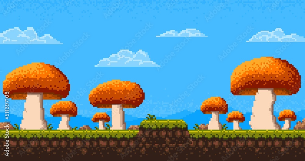 Pixel art game level, alien planet mushrooms, vector cartoon background. 8 bit pixel video game arcade giant mushrooms forest landscape, fantasy fairy magic mushrooms for game level