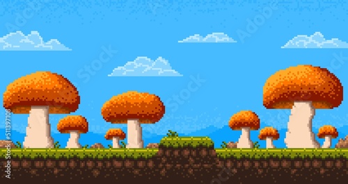 Pixel art game level, alien planet mushrooms, vector cartoon background. 8 bit pixel video game arcade giant mushrooms forest landscape, fantasy fairy magic mushrooms for game level