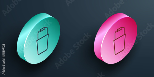 Isometric line Sauna bucket icon isolated on black background. Turquoise and pink circle button. Vector