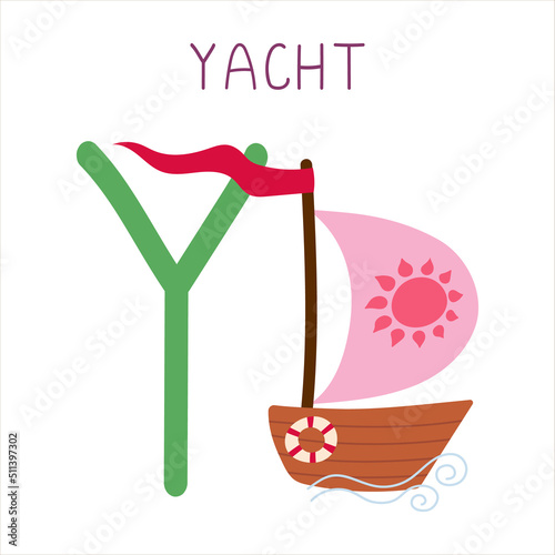 Capital letter Y of English childish alphabet with yacht. Cute kids font for kindergarten and school education.