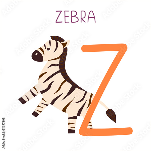 Capital letter Z of English childish alphabet with zebra. Cute kids font for kindergarten and school education.
