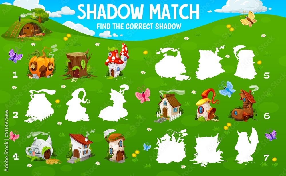 Naklejka premium Shadow match game, find correct shadow of gnome house or dwelling, vector worksheet. Kids game riddle or tabletop puzzle to find and match silhouette of cartoon dwarf gnome homes in mushroom or boot