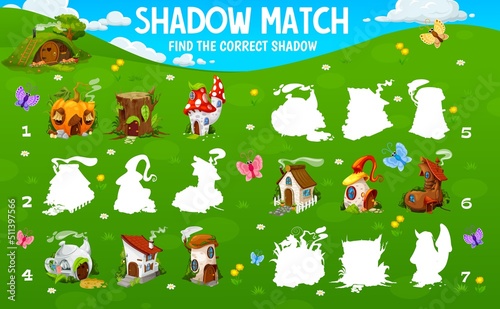 Shadow match game  find correct shadow of gnome house or dwelling  vector worksheet. Kids game riddle or tabletop puzzle to find and match silhouette of cartoon dwarf gnome homes in mushroom or boot