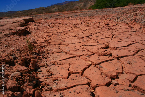Desert. Cracked earth. Red land. Clay. Desert soil. Dry ground. Broken ground. Argentine North. Argentina. Path of the Calchaquies Valleys. Drought. Lack of water. Enviroment.