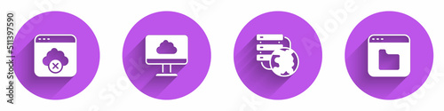 Set Failed access cloud storage, Cloud technology data transfer, Network connection and Browser files icon with long shadow. Vector